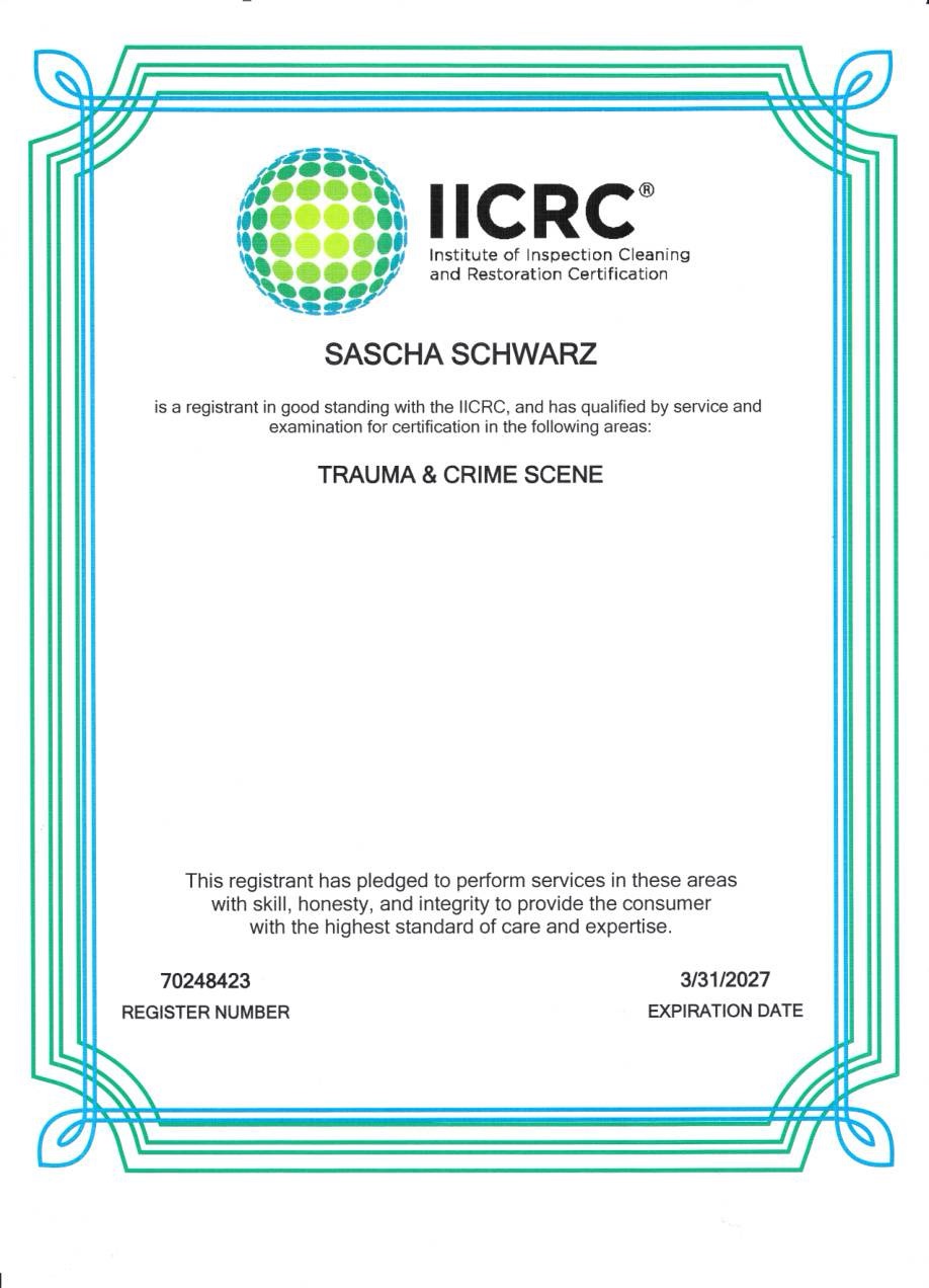 IICRC TRAUMA & CRIME SCENE certificate for Sascha Schwarz, valid through March 31, 2027.